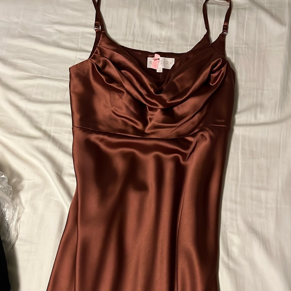 Beautiful cinnamon rose satin dress. Would be great to wear to a wedding